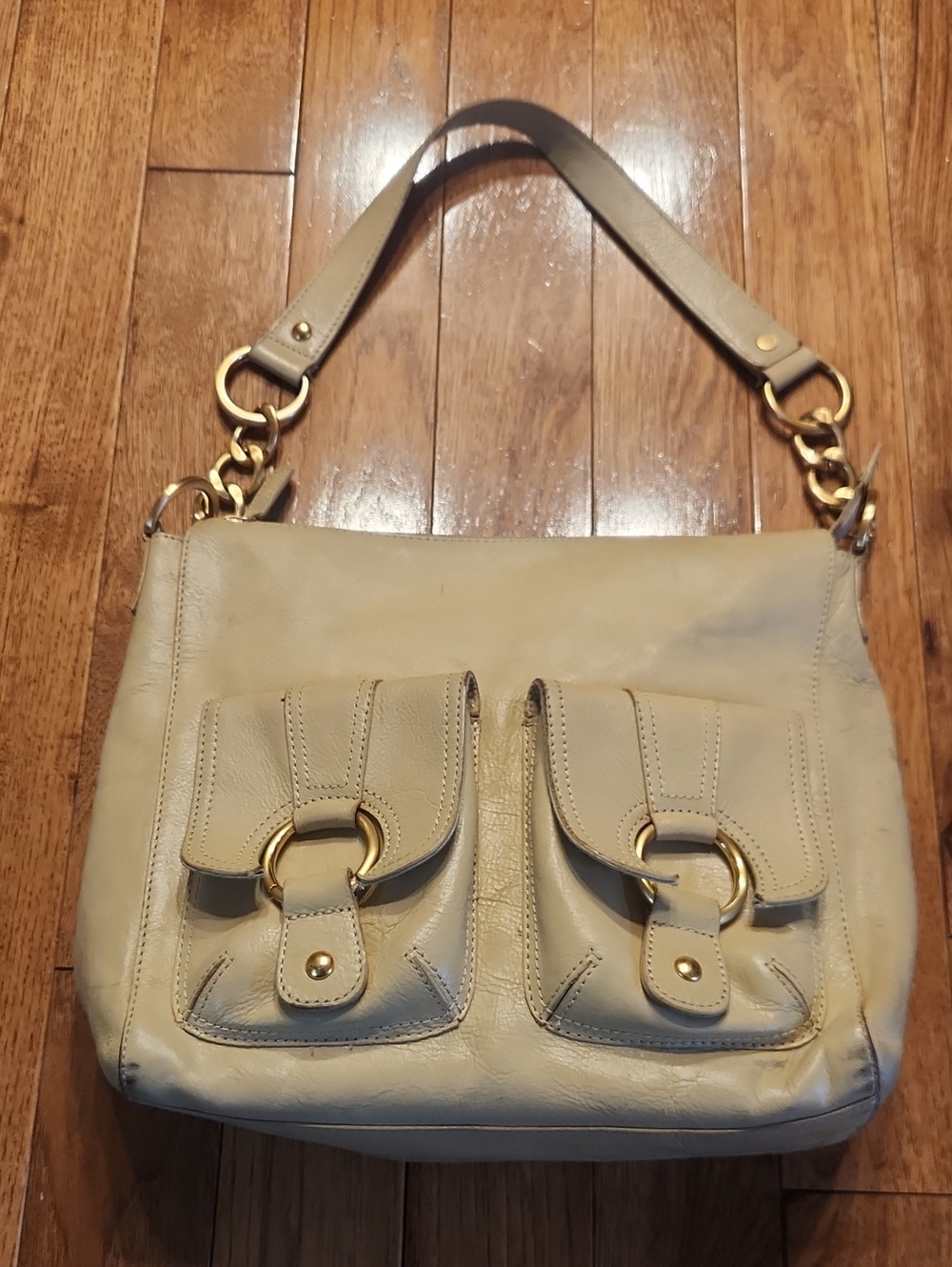 Kate Landry Beige Leather Shoulder Bag with Twin Front Buckle Pockets